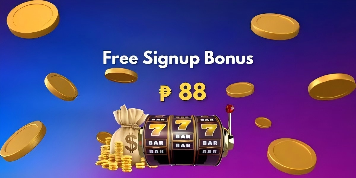 Slot machine showing triple sevens beside a money bag, gold coins and a free signup bonus message